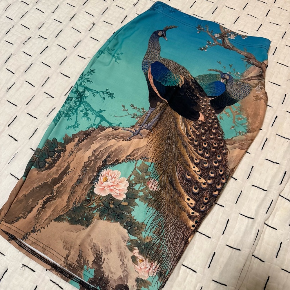 Peacocks In Spring Midi Pencil Skirt